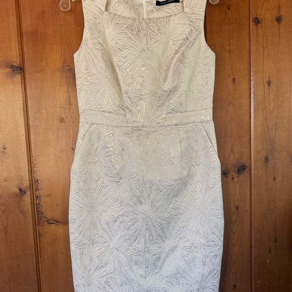 Ellen Tracy Elegant Cream Jacquard Sleeveless Dress